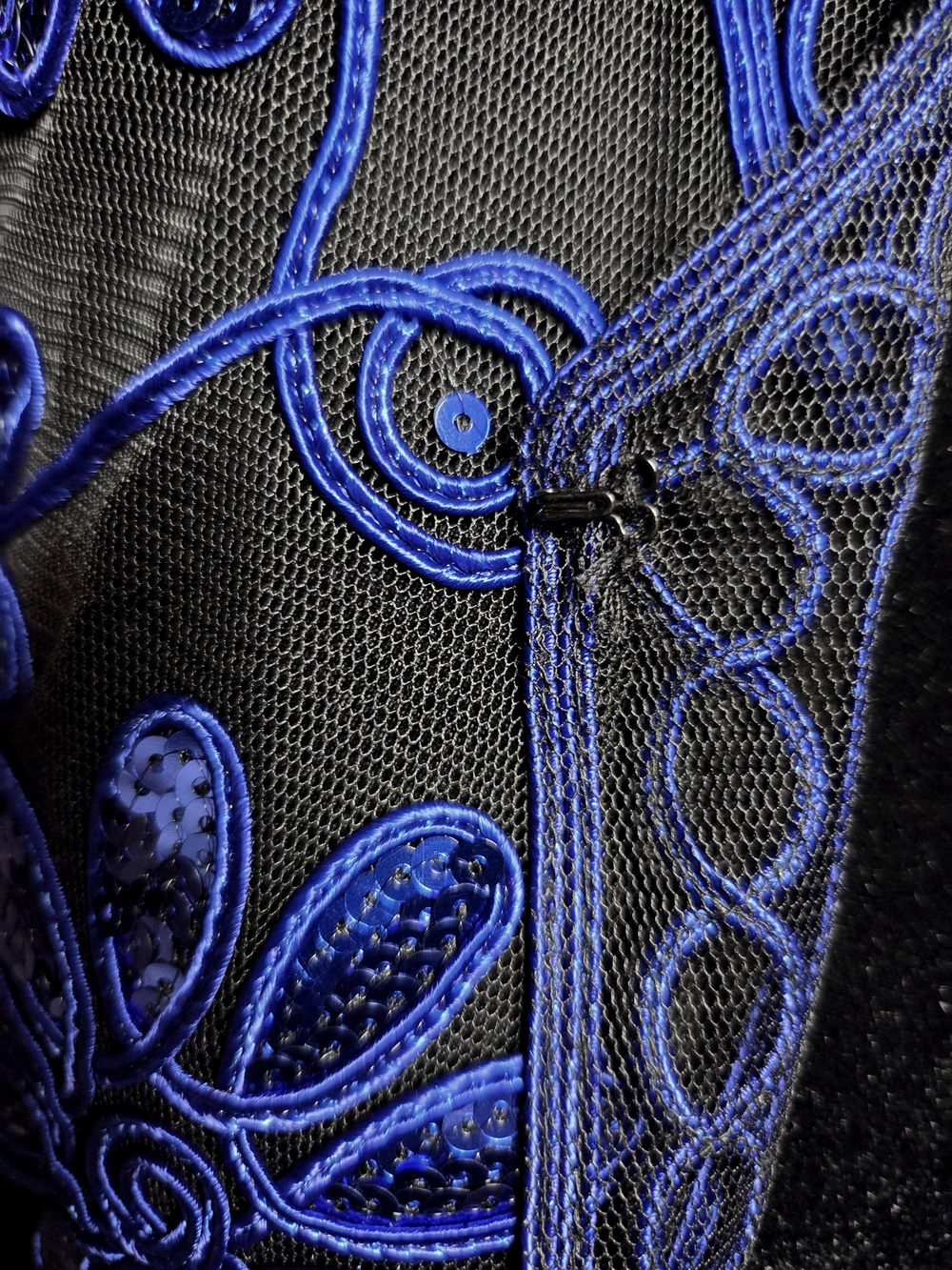 Sheer Floral Embroidered V-Neck Blouse Cobalt Blue Floral With Black Mesh - Picture 8 of 10
